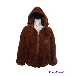 Urban Nation Faux Fur hooded jacket Md Cinnamon Y2K Cozy